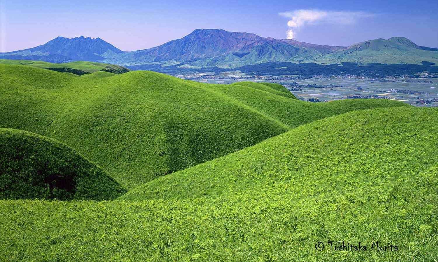 緑の草原が続く丘より阿蘇連山